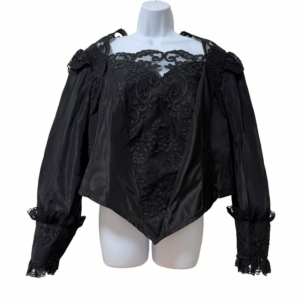 Womens Victorian Lace Trim Antique Bodice Blouse Size XL Black Mourning Gothic